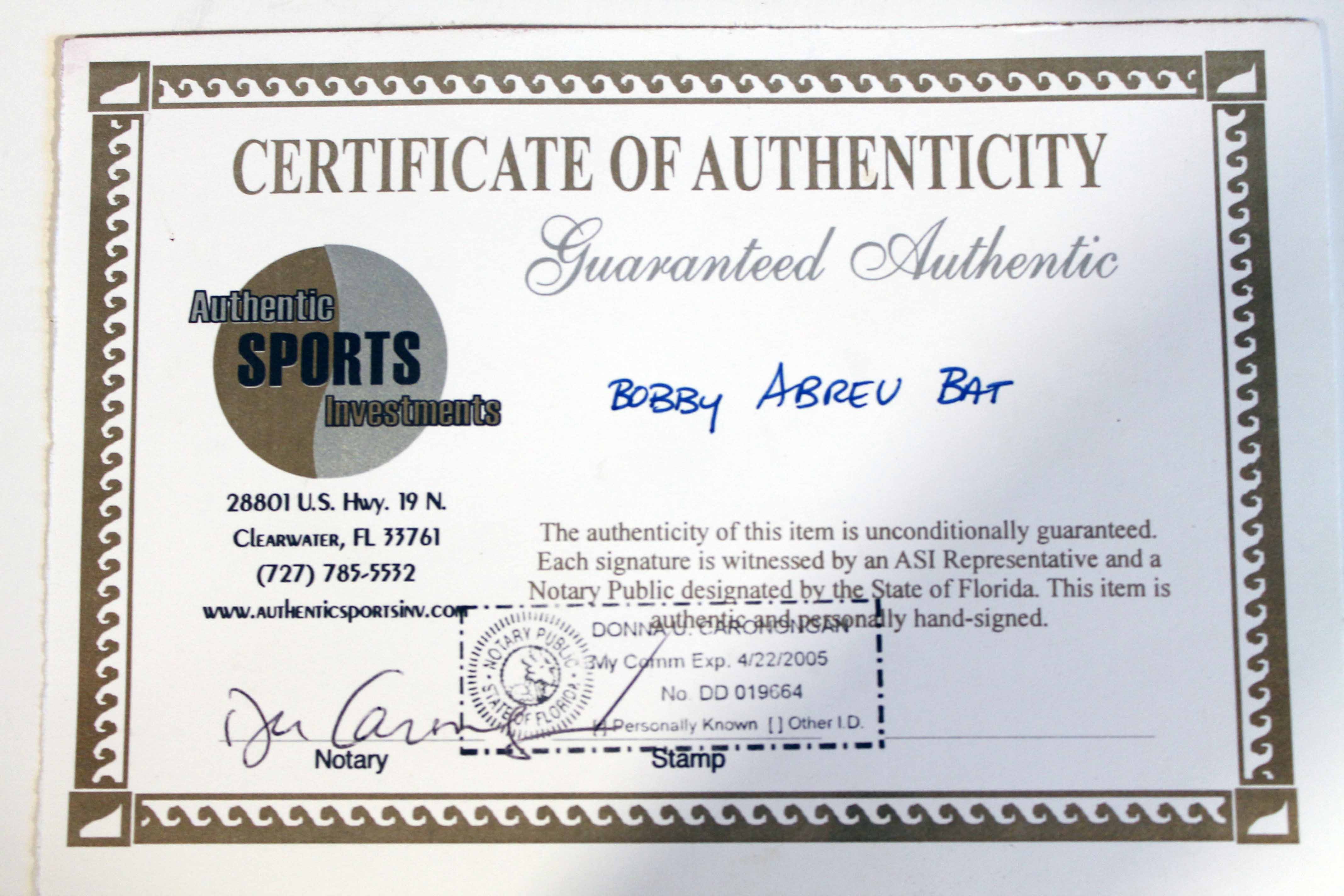 Bobby Abreu Autographed Game Used Baseball Bat