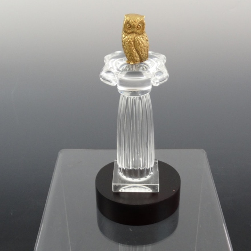 Steuben Crystal "Column of the Owl" with 18k Yellow Gold Owl