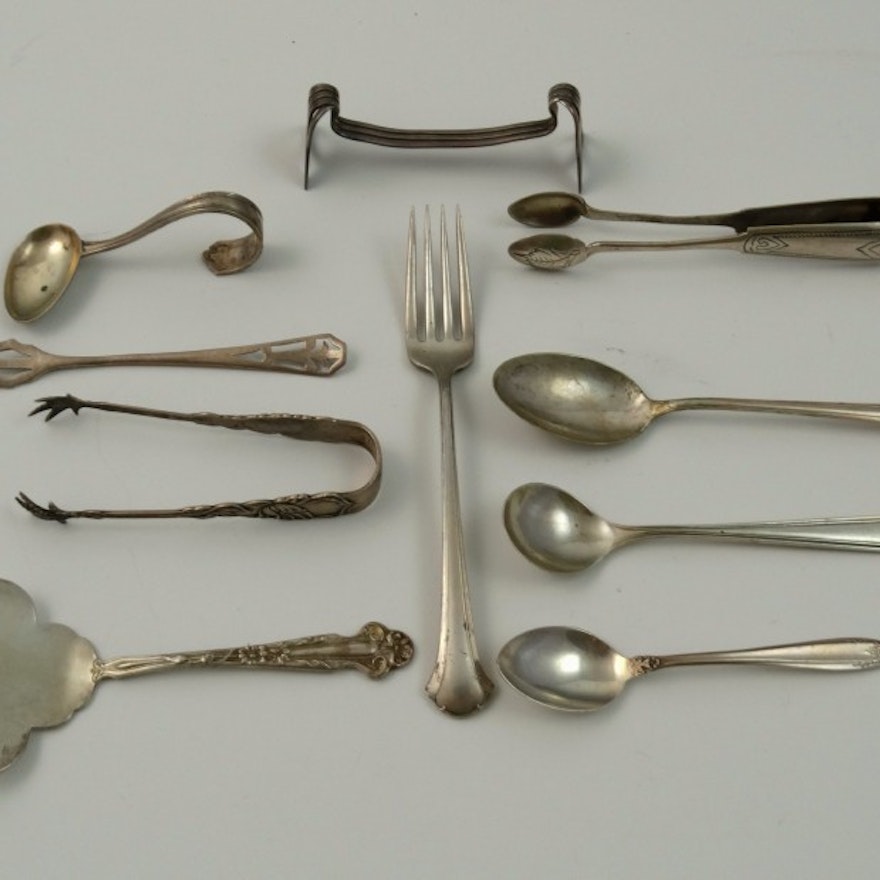 Assorted Antique Sterling Tongs and Flatware