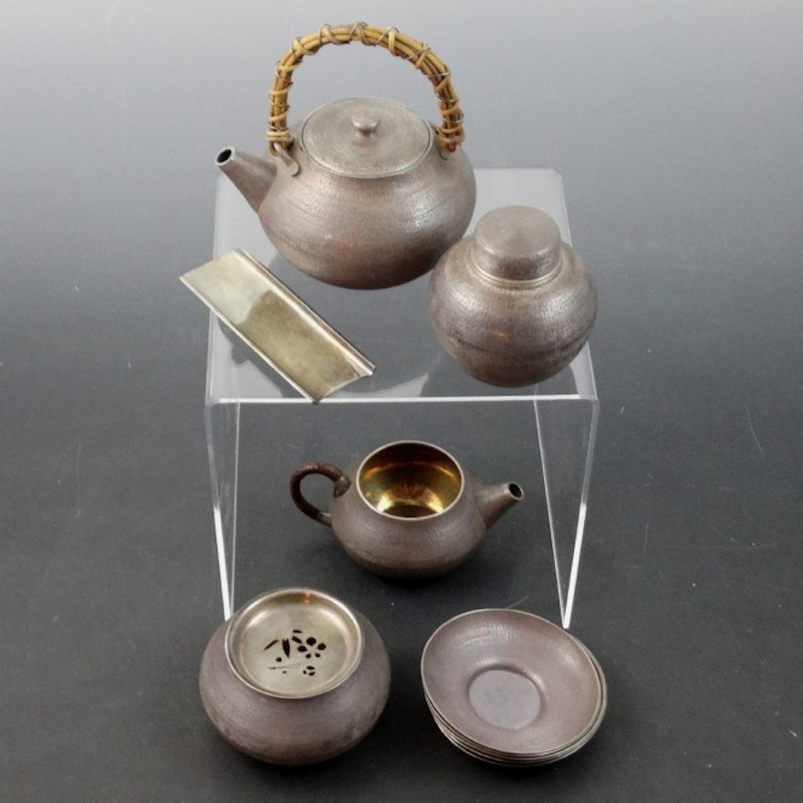 Antique Bronze Over Silver Japanese Tea Set