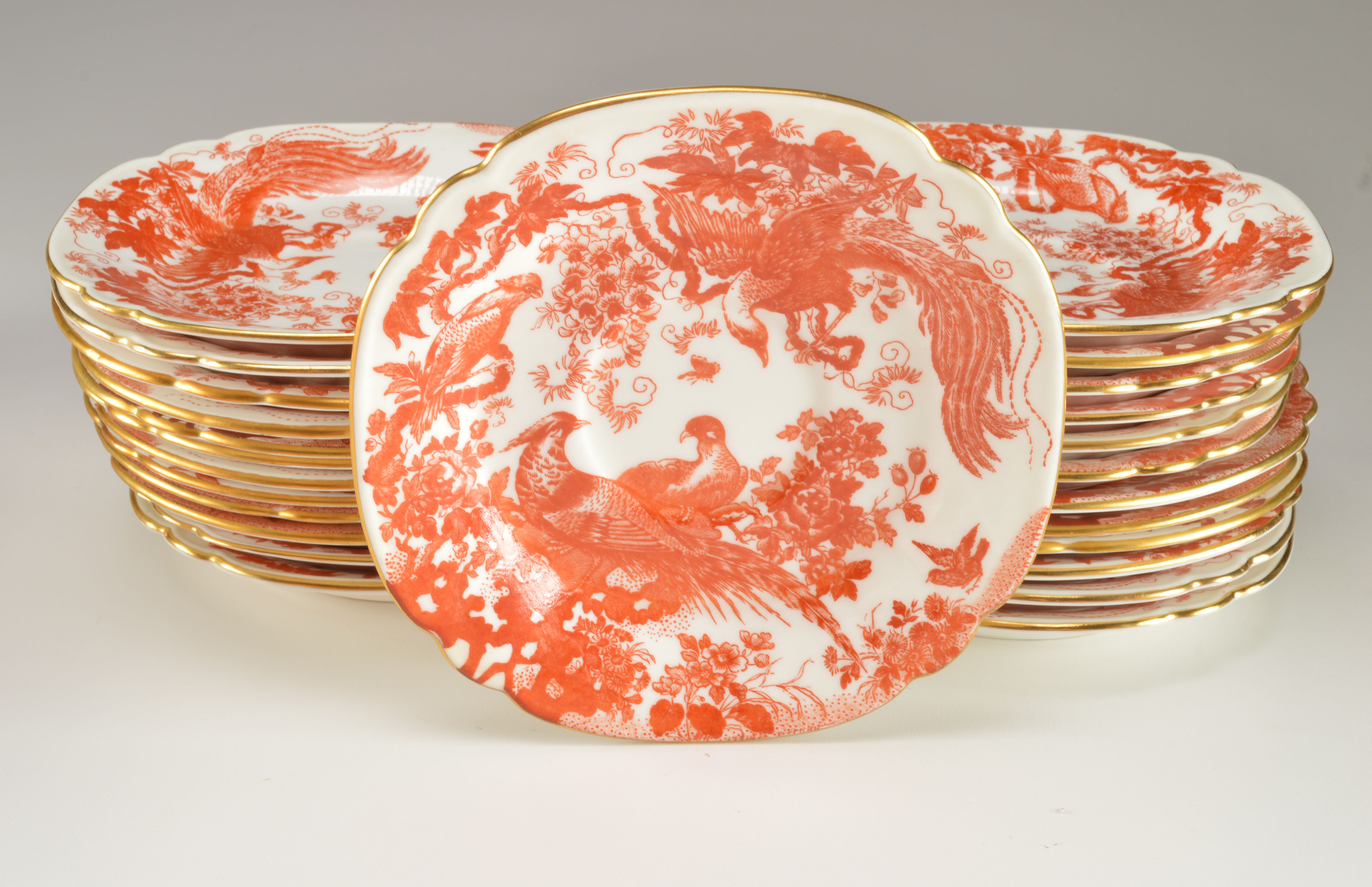 Royal Crown Derby English Bone China Red Aves Pattern Dish Set