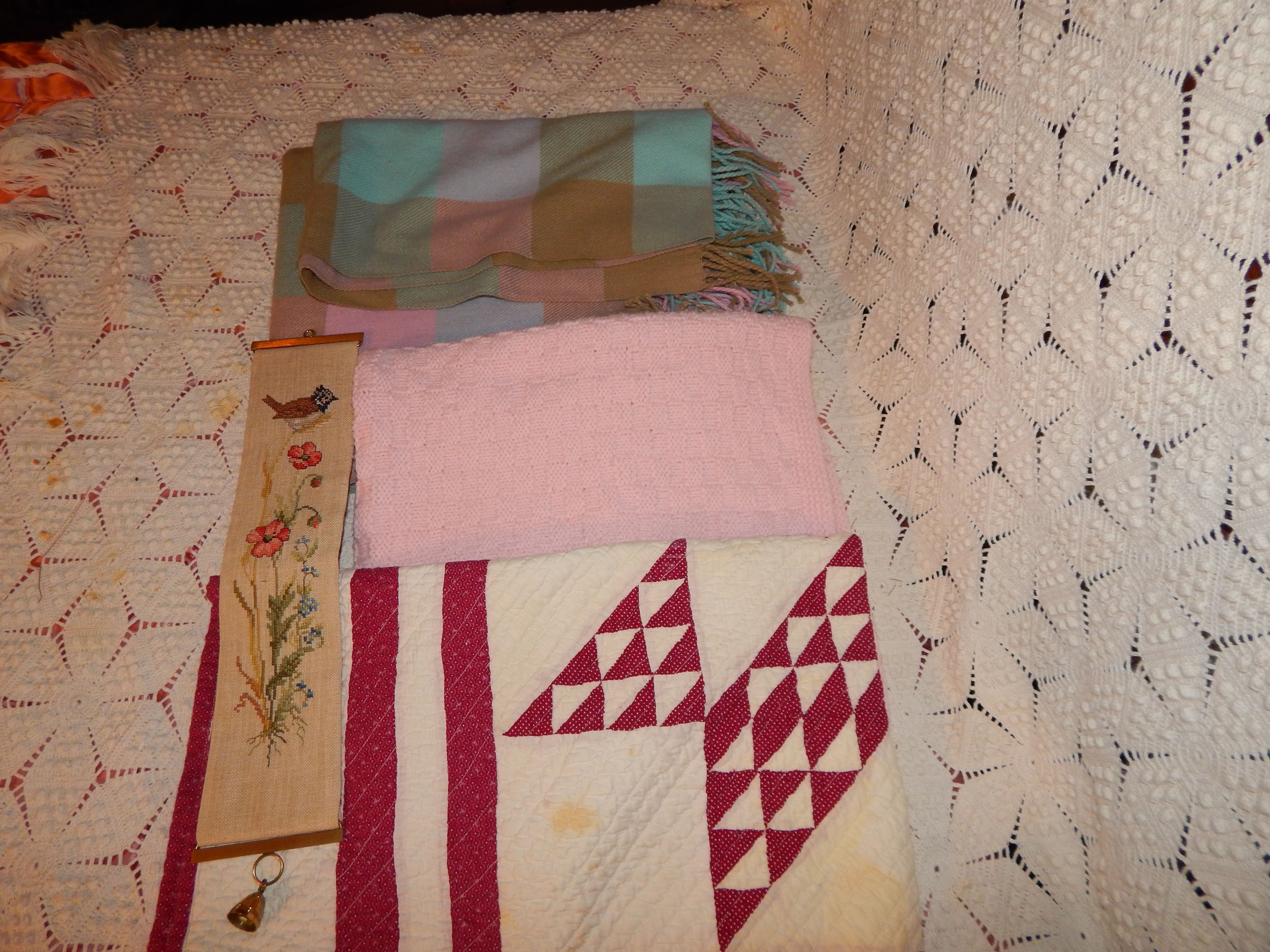 Vintage Linens, Granny Afghan and Needlepoint