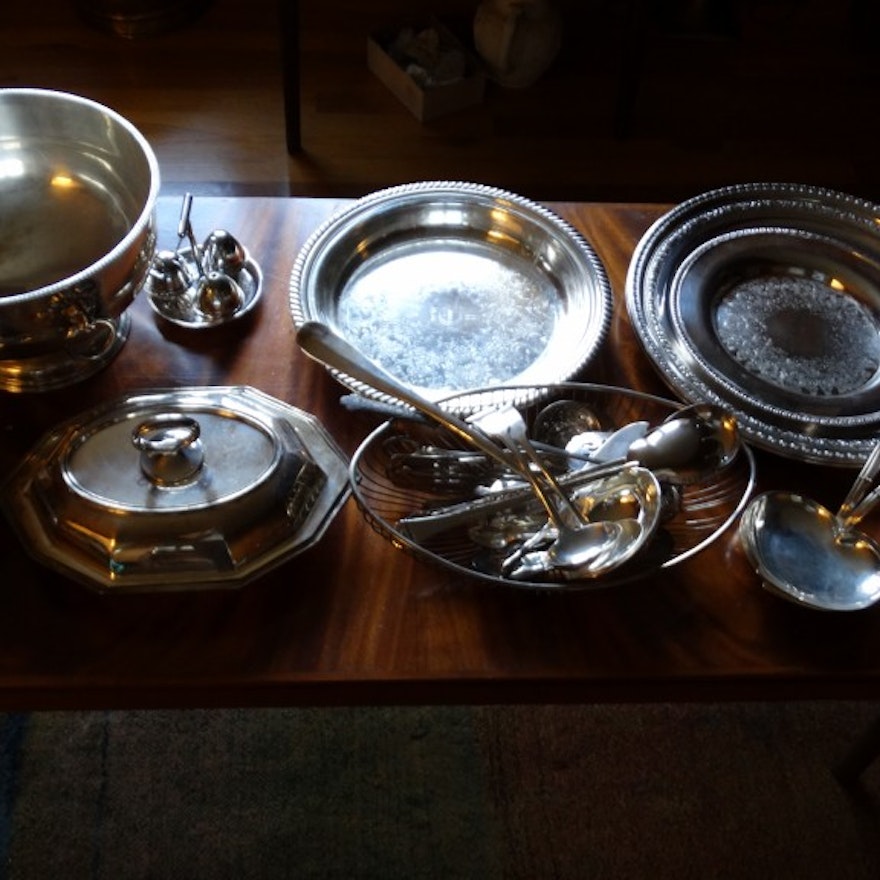 Silverplate Shelf Lot Including Platters and Tableware
