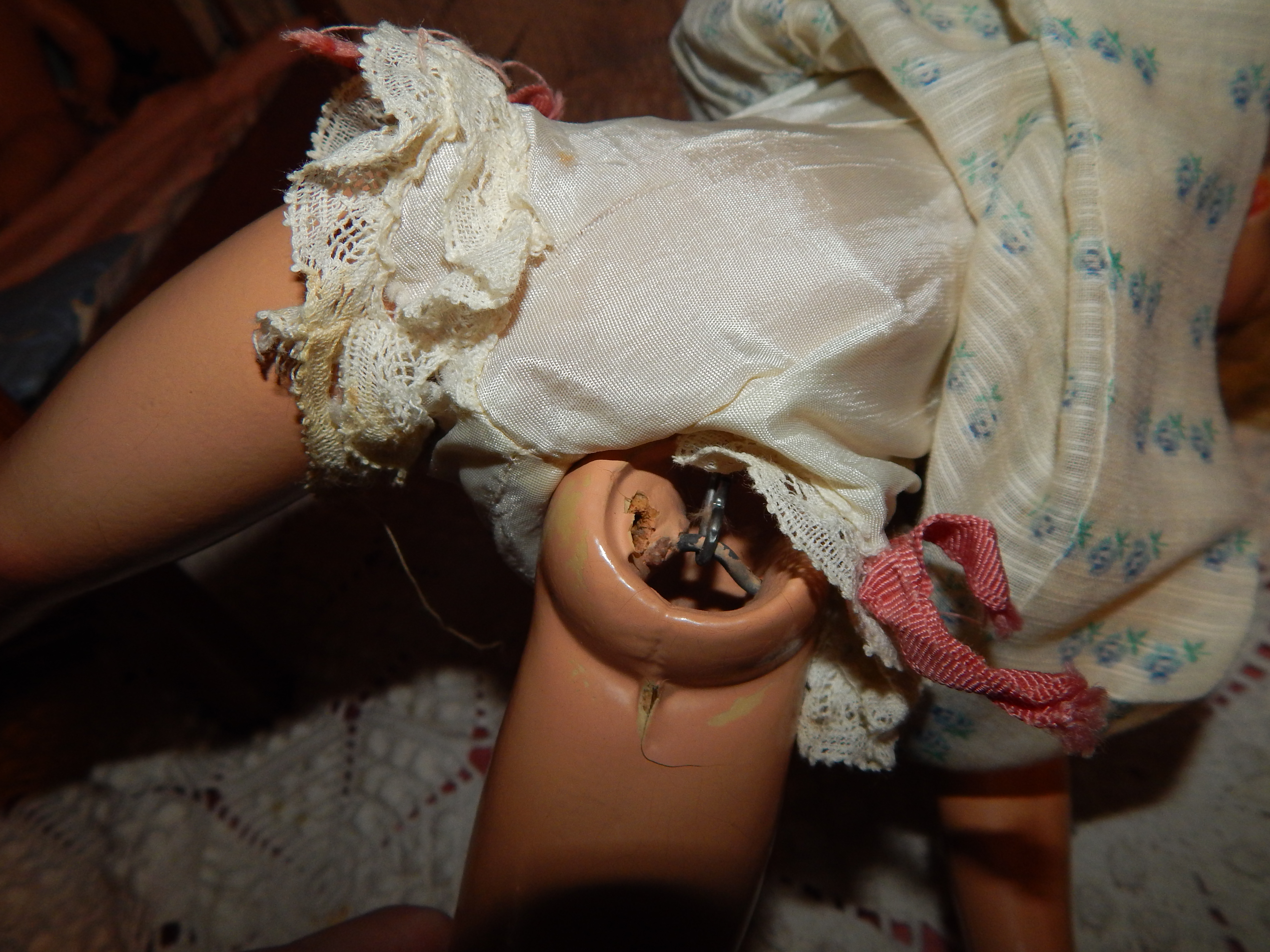 Two Vintage Dolls with Wooden Bed