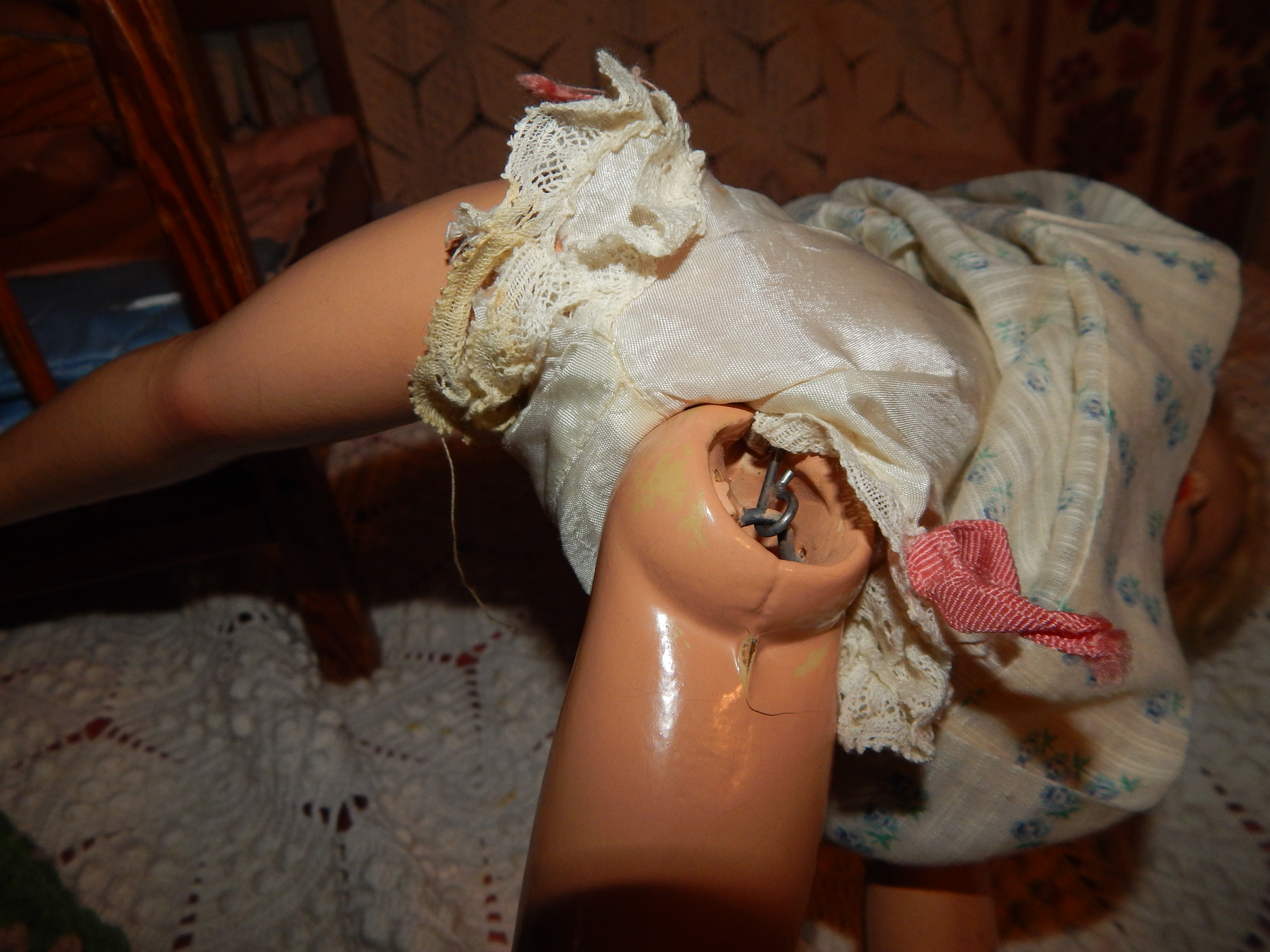 Two Vintage Dolls with Wooden Bed