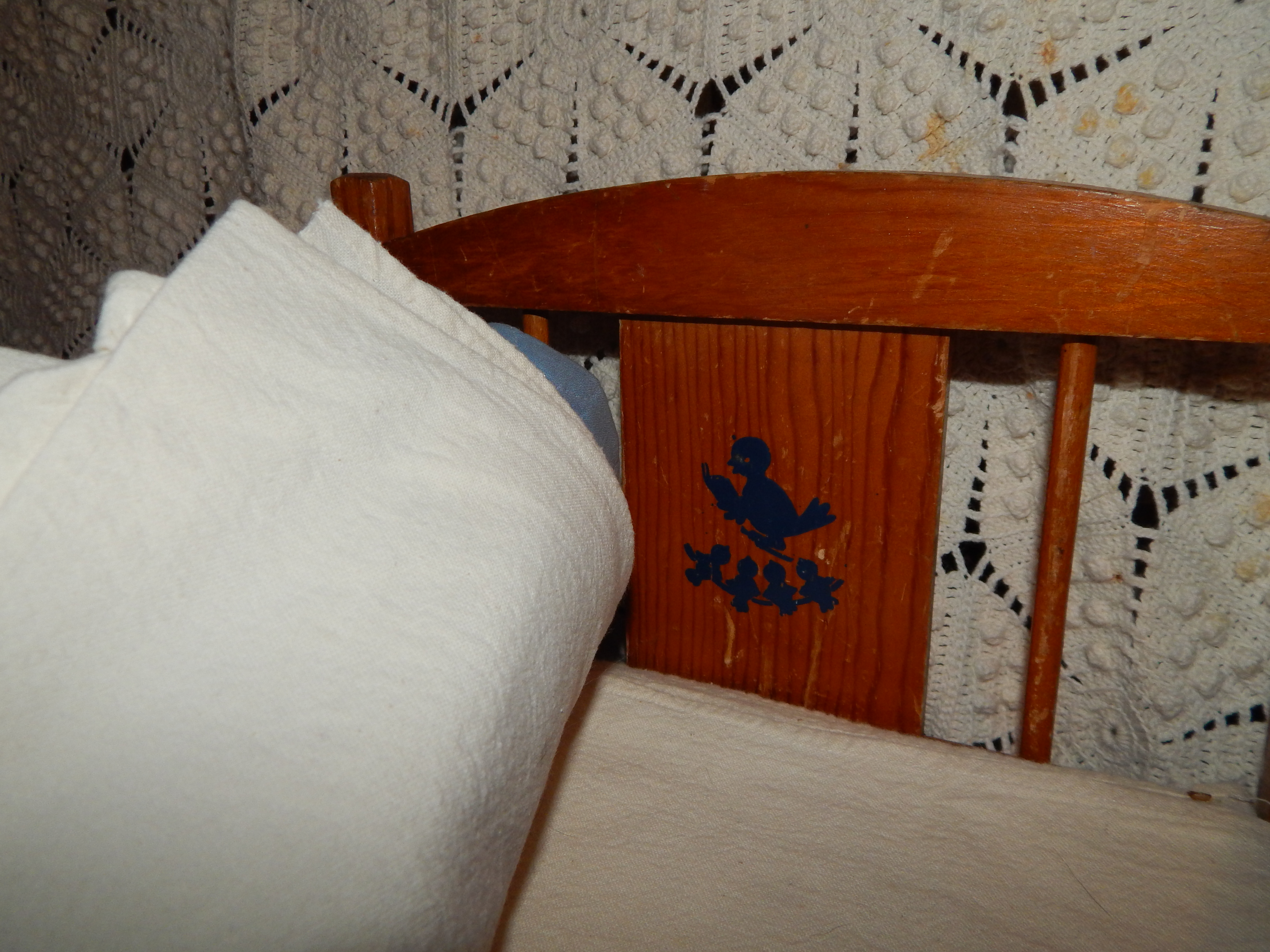 Two Vintage Dolls with Wooden Bed