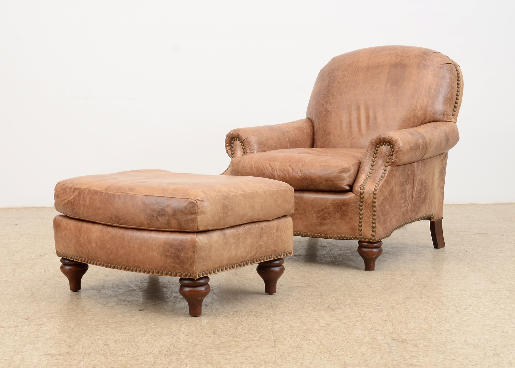 Hickory-Fry Leather Armchair and Ottoman