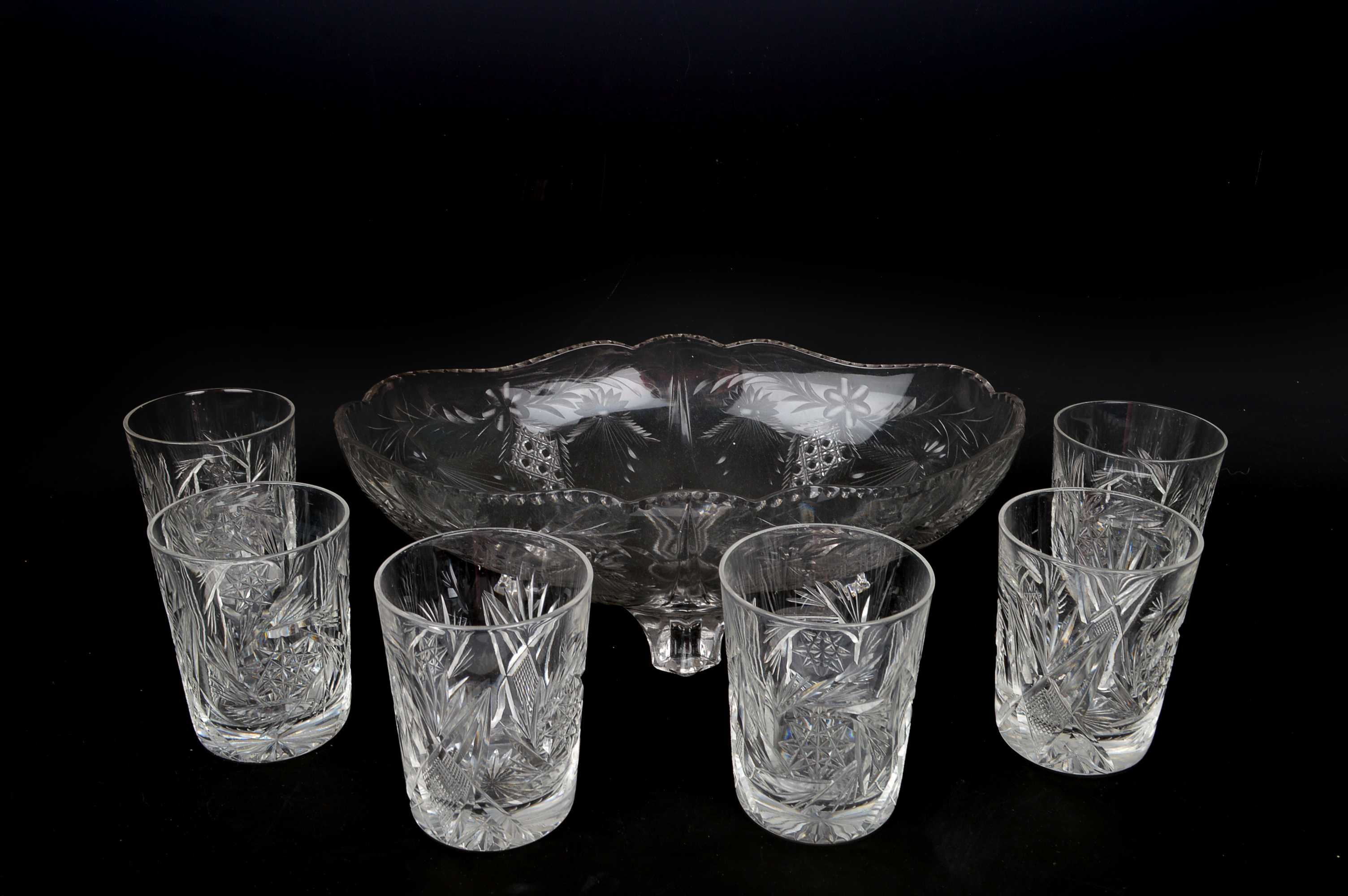 Cut Crystal Centerpiece Bowl and Tumblers
