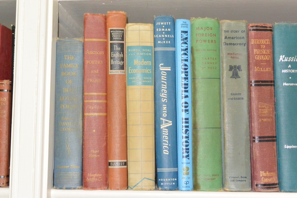 Three Shelves of Books Mostly Older Educational and Novels