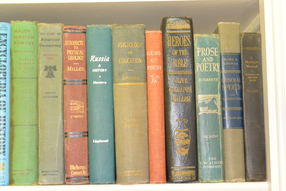 Three Shelves of Books Mostly Older Educational and Novels
