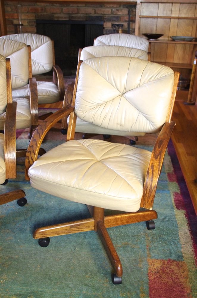 Set of Six Vintage Rolling Kitchen Chairs with Leather Upholstery