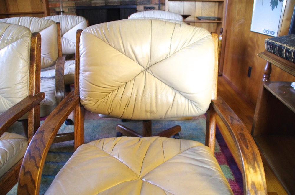 Set of Six Vintage Rolling Kitchen Chairs with Leather Upholstery