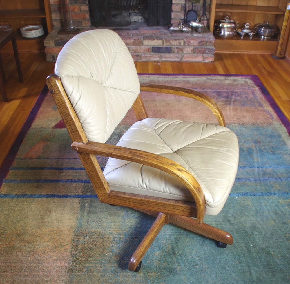 Set of Six Vintage Rolling Kitchen Chairs with Leather Upholstery