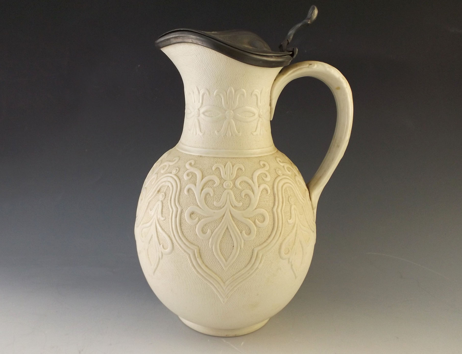 English 'Tyrol' Ceramic Ewer with Pewter Lid, circa 1864