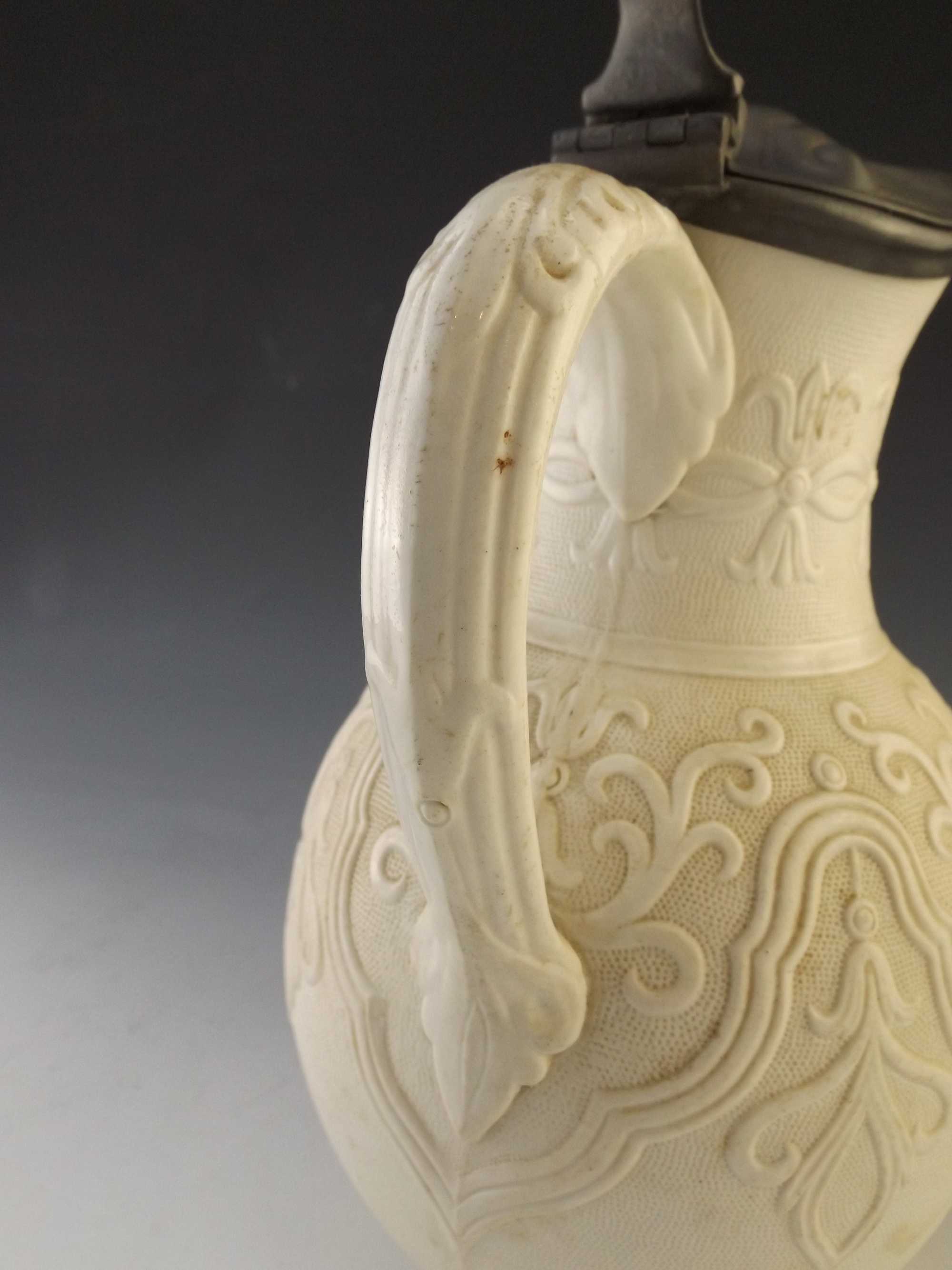 English 'Tyrol' Ceramic Ewer with Pewter Lid, circa 1864