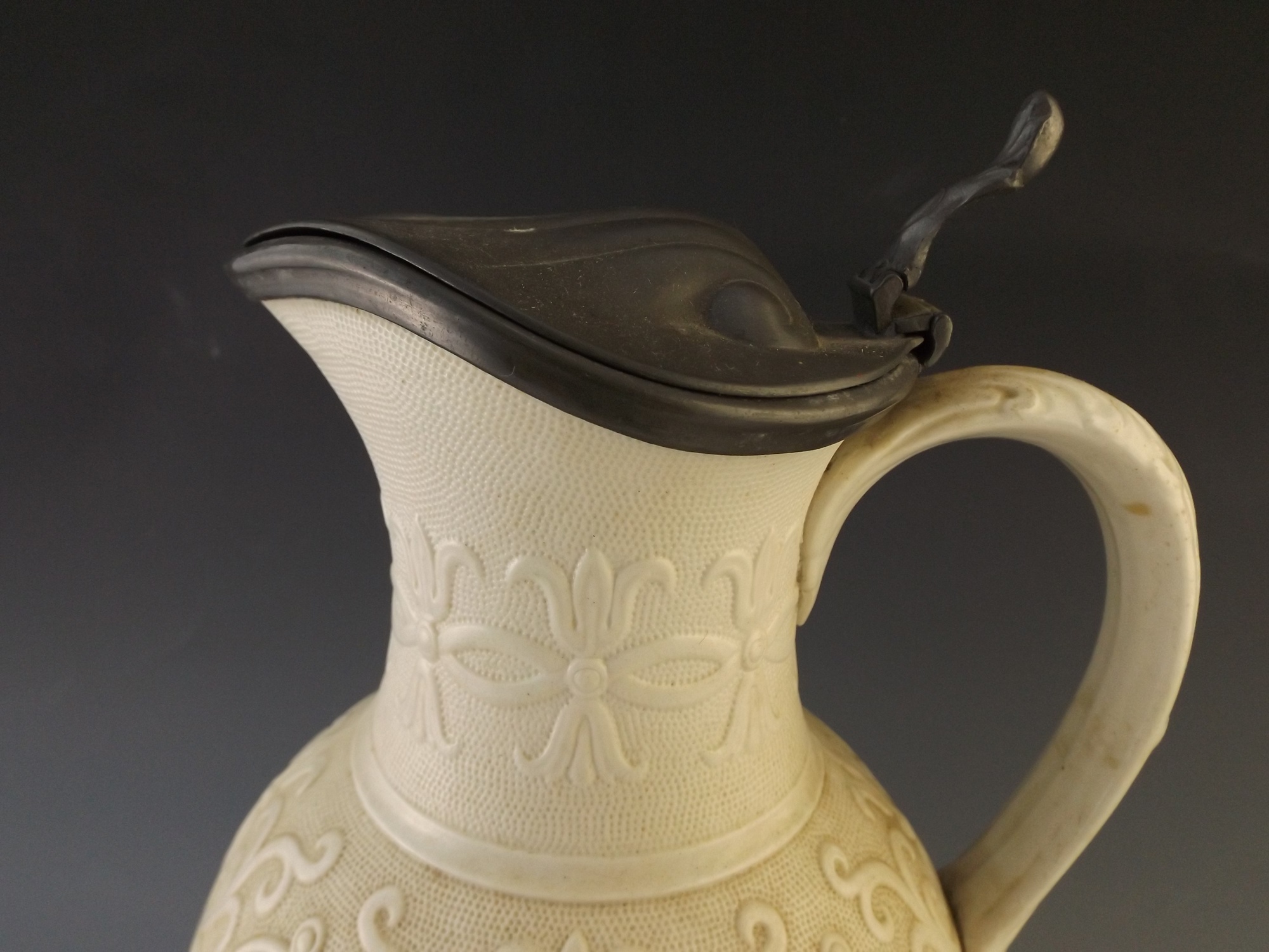 English 'Tyrol' Ceramic Ewer with Pewter Lid, circa 1864