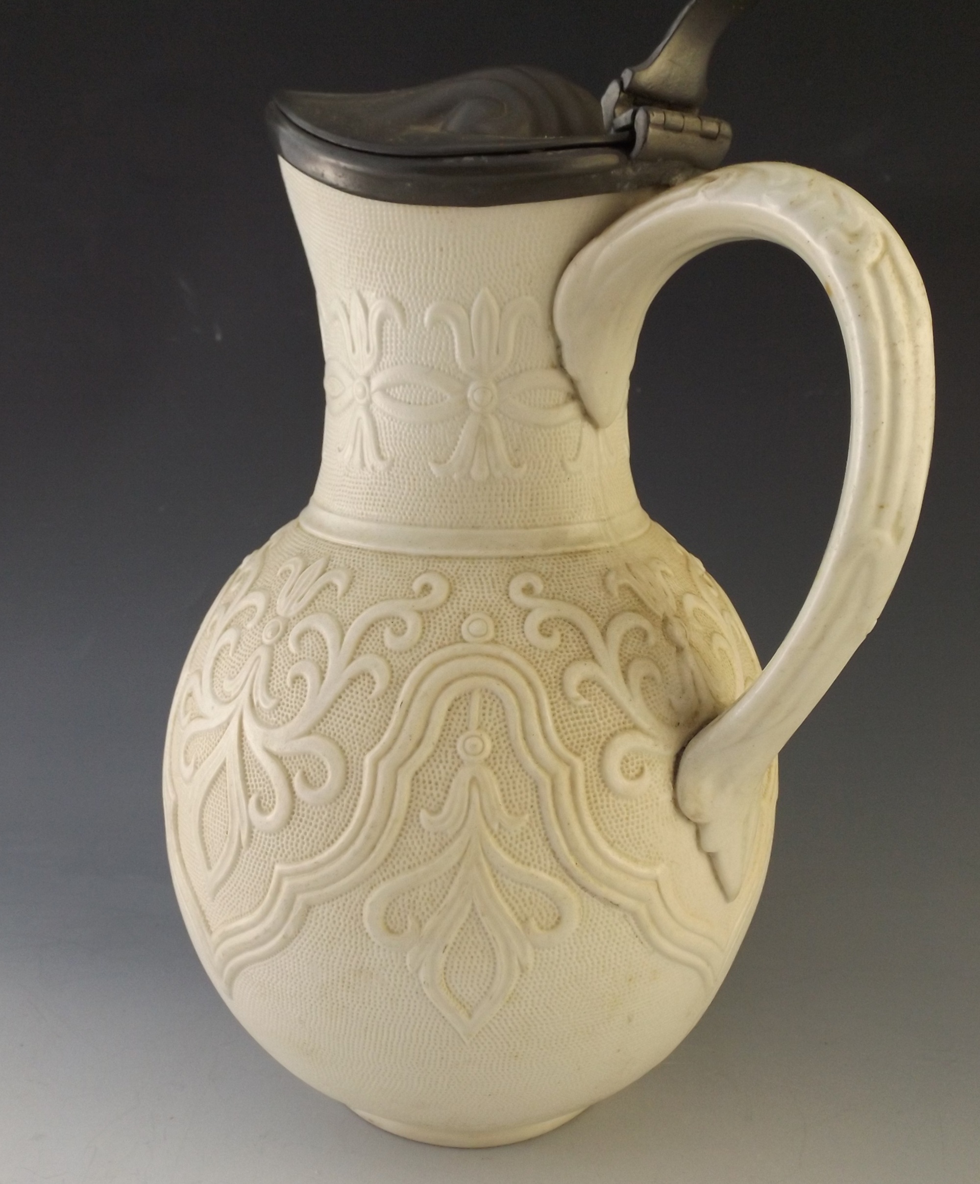 English 'Tyrol' Ceramic Ewer with Pewter Lid, circa 1864