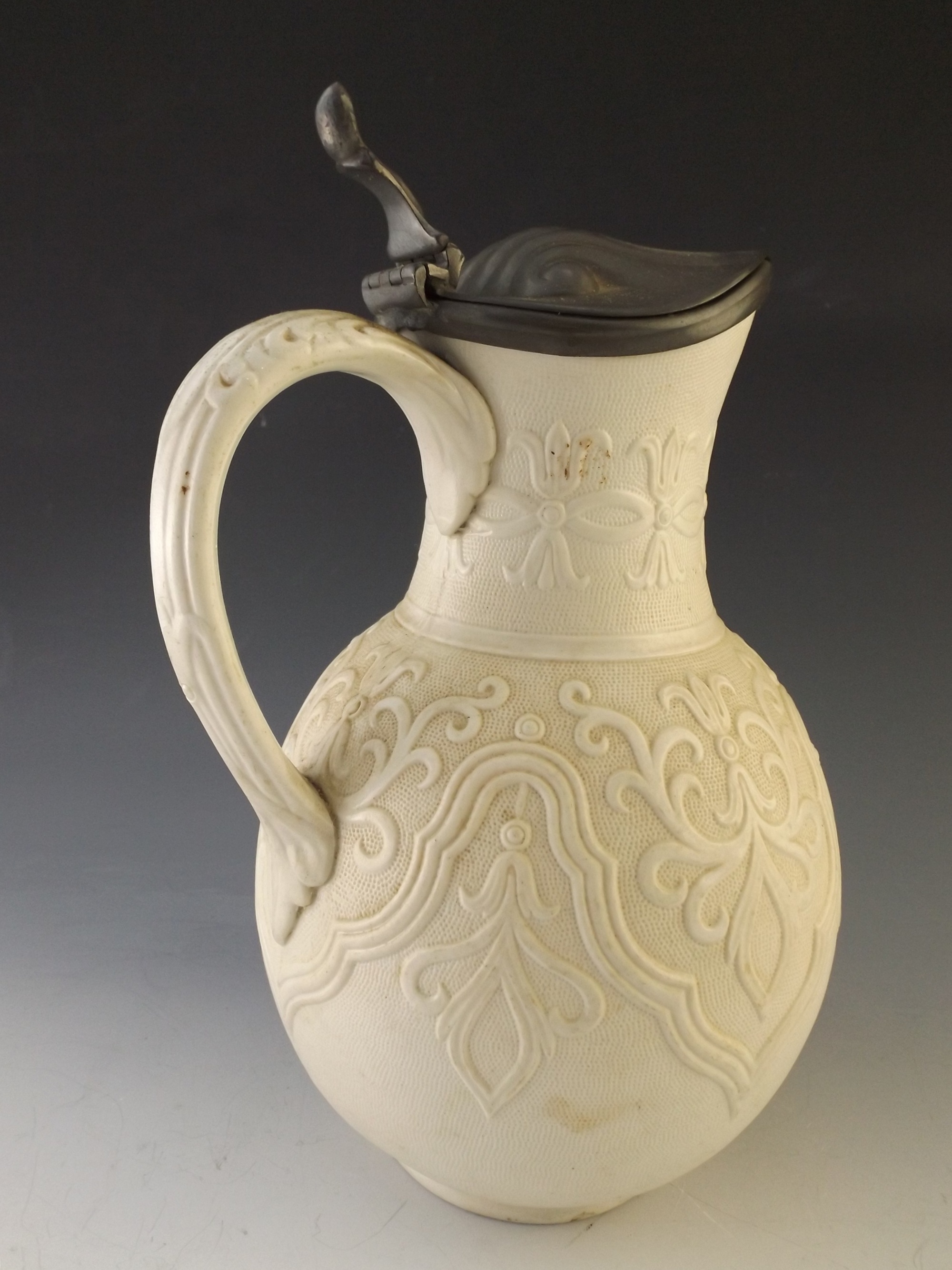 English 'Tyrol' Ceramic Ewer with Pewter Lid, circa 1864