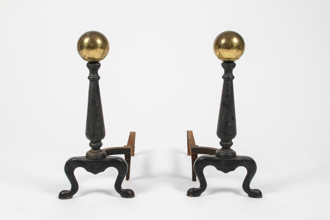 Pair of Cast Iron Andirons with Cannonball Tops