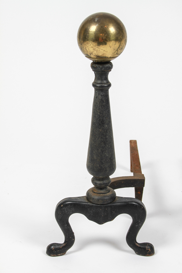 Pair of Cast Iron Andirons with Cannonball Tops