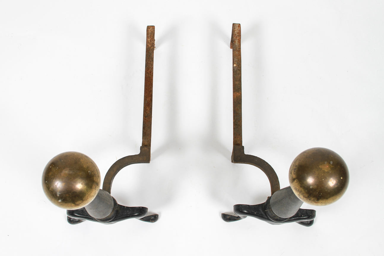 Pair of Cast Iron Andirons with Cannonball Tops