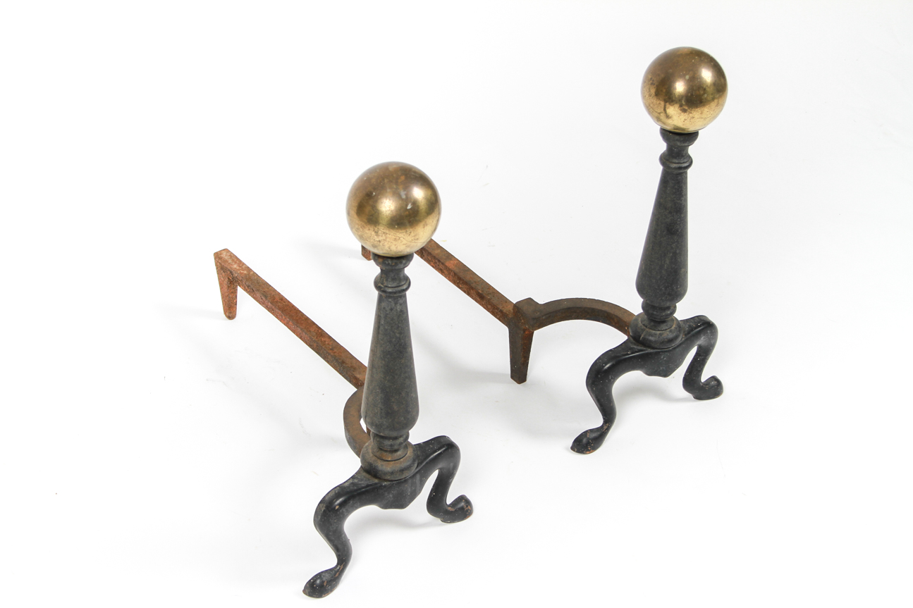 Pair of Cast Iron Andirons with Cannonball Tops