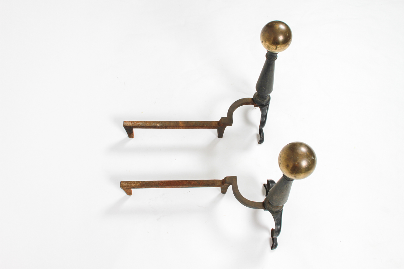 Pair of Cast Iron Andirons with Cannonball Tops