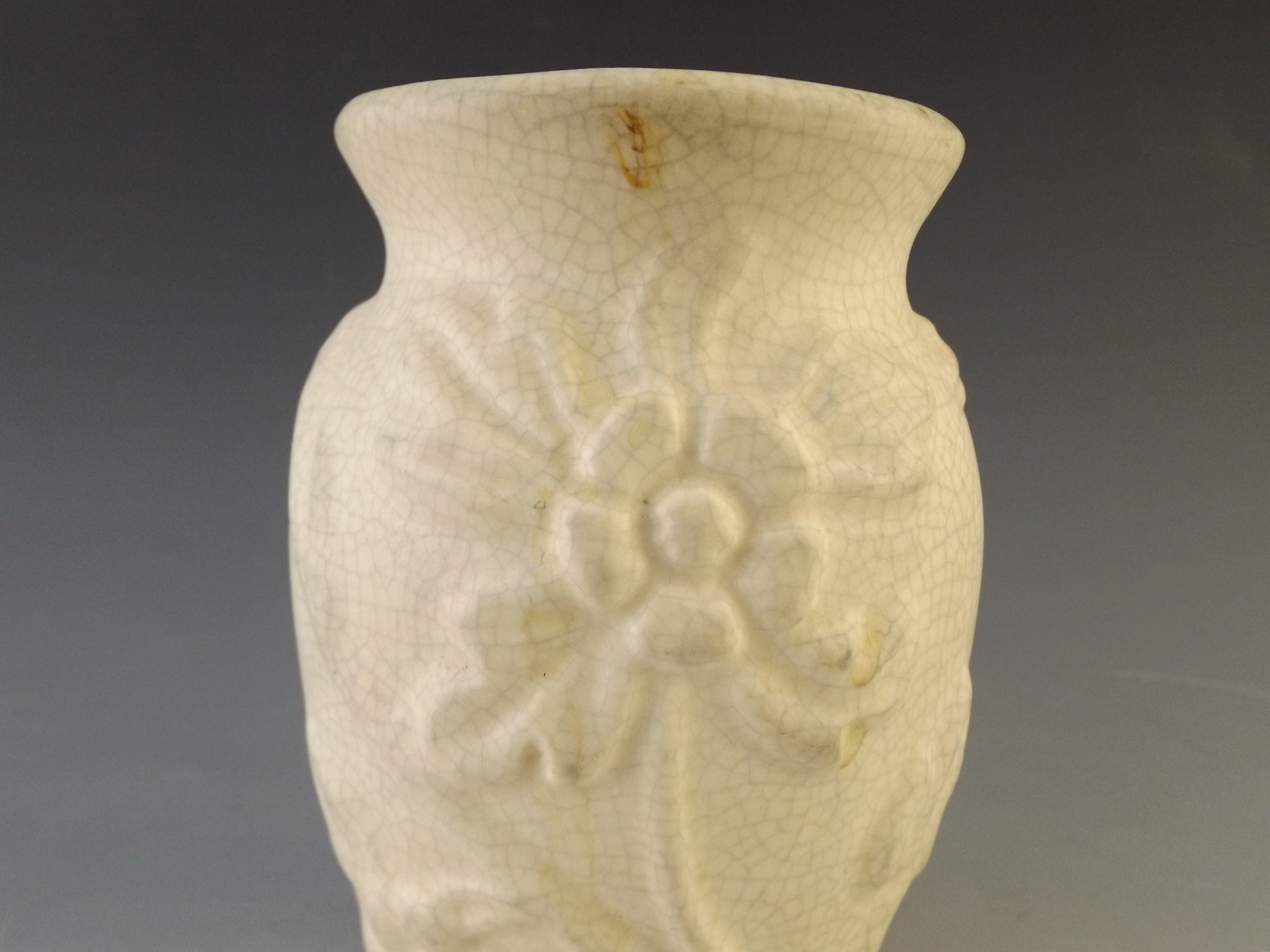 Hull Crackle Glaze Vase with Embossed Flowers