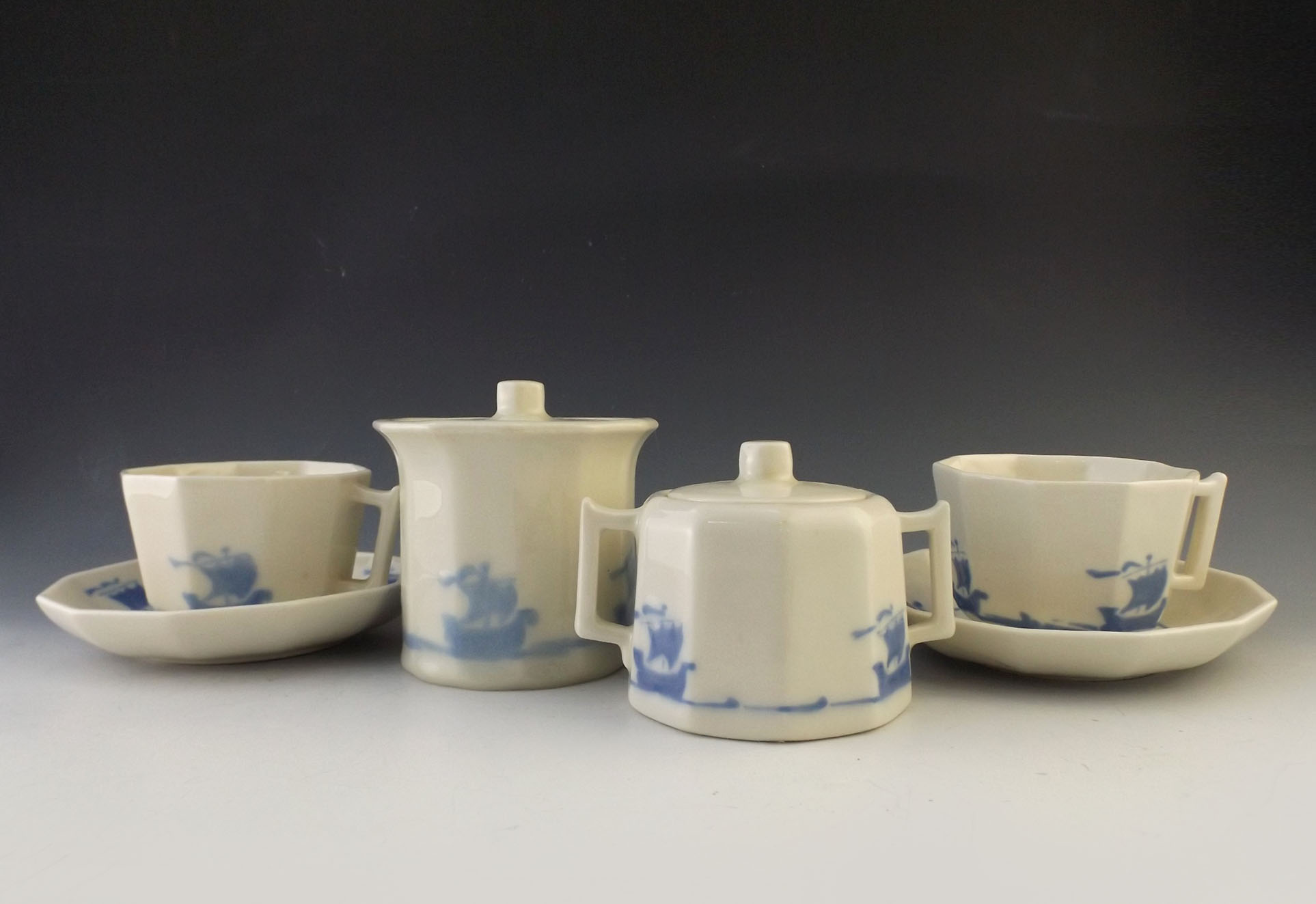 Rookwood Pottery Blue Ship Tea Set 