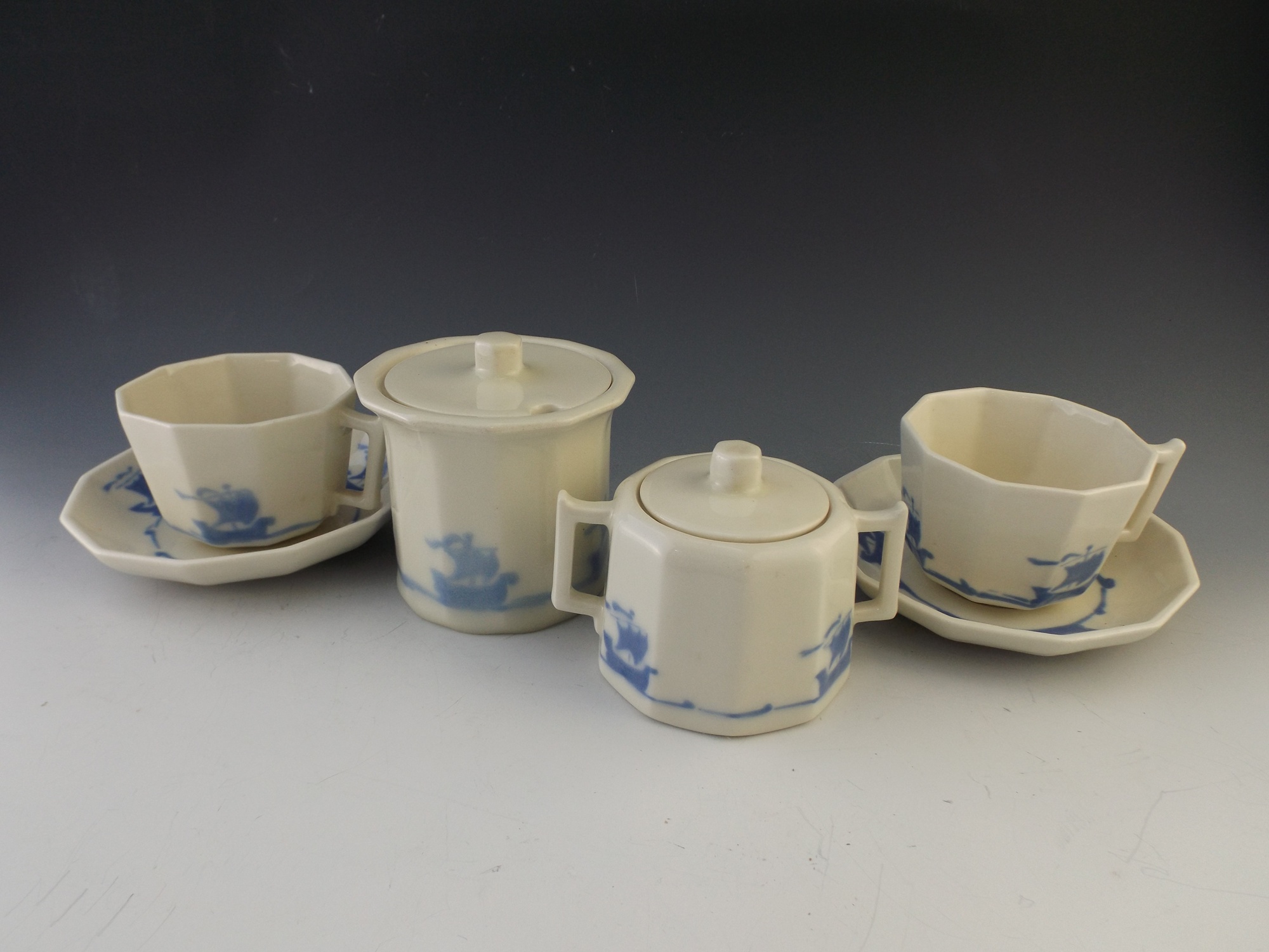 Rookwood Pottery Blue Ship Tea Set 