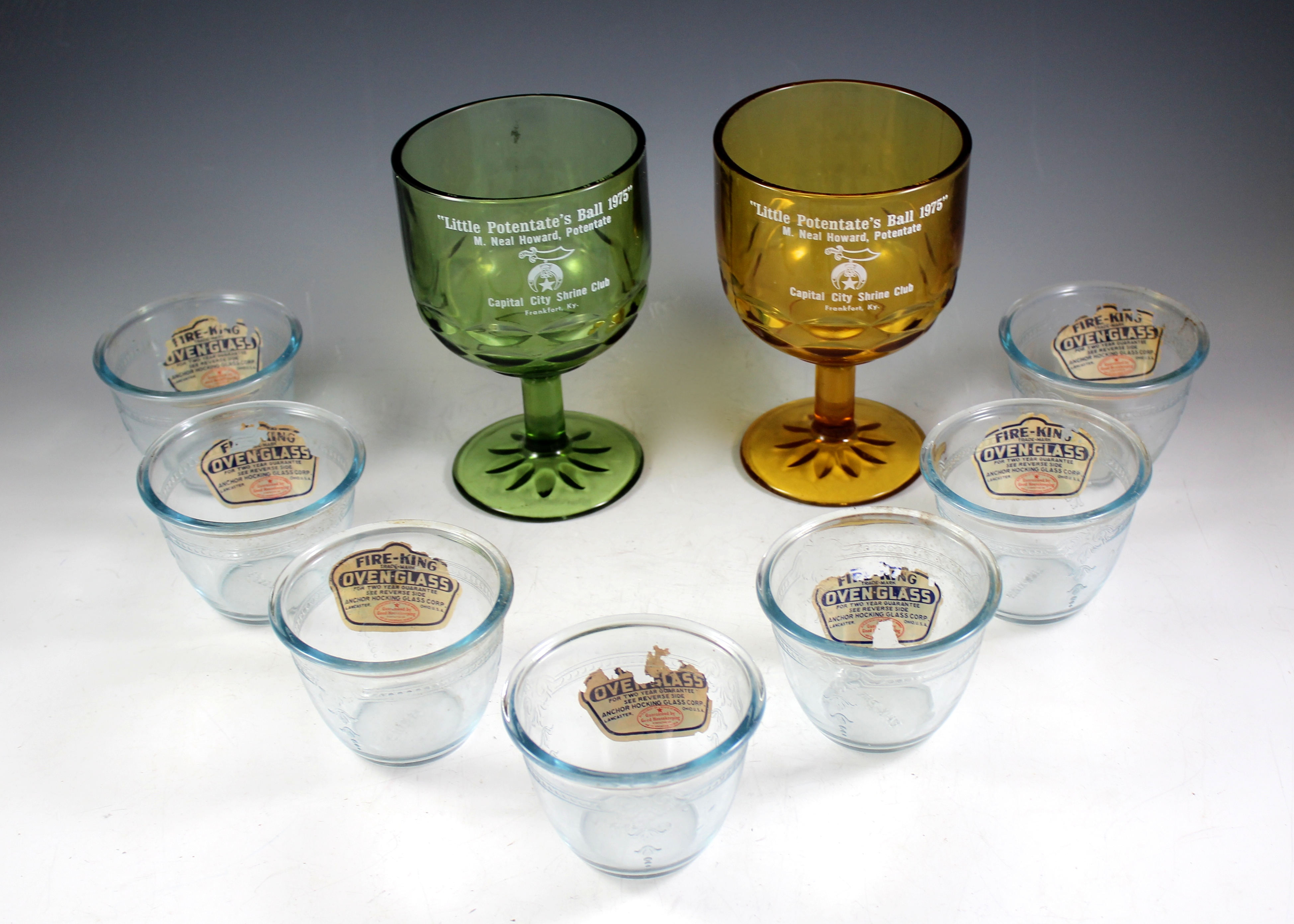 Two "Little Potentate's Ball 1975" Cups, Seven Oven Glass Bowls