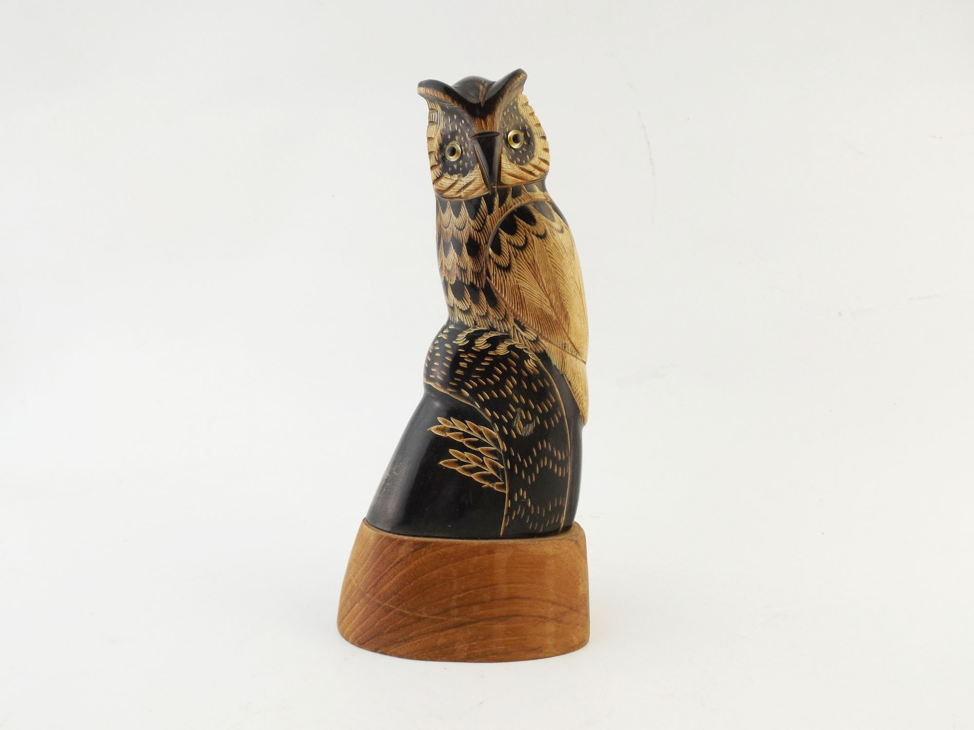 Mid Century Carved Wood Horned Owl 