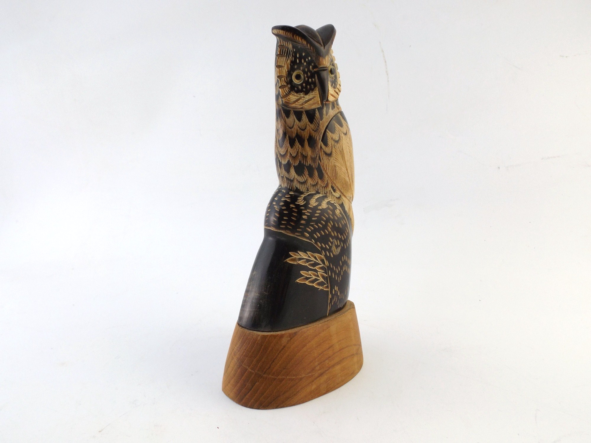 Mid Century Carved Wood Horned Owl 