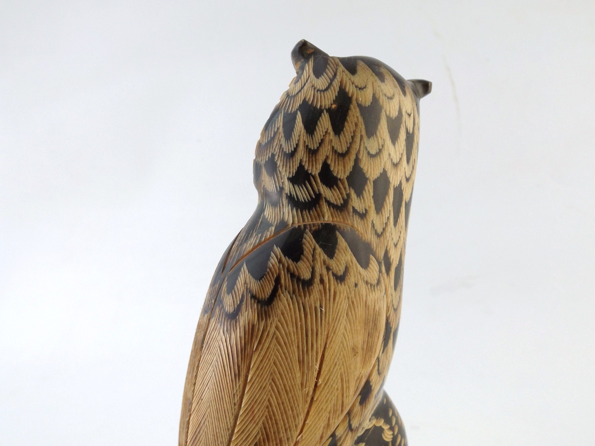Mid Century Carved Wood Horned Owl 