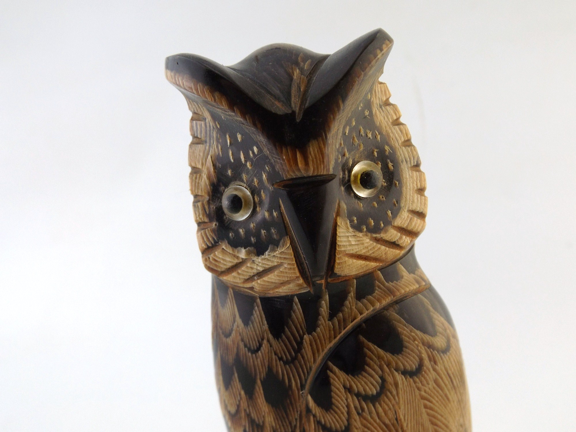 Mid Century Carved Wood Horned Owl 