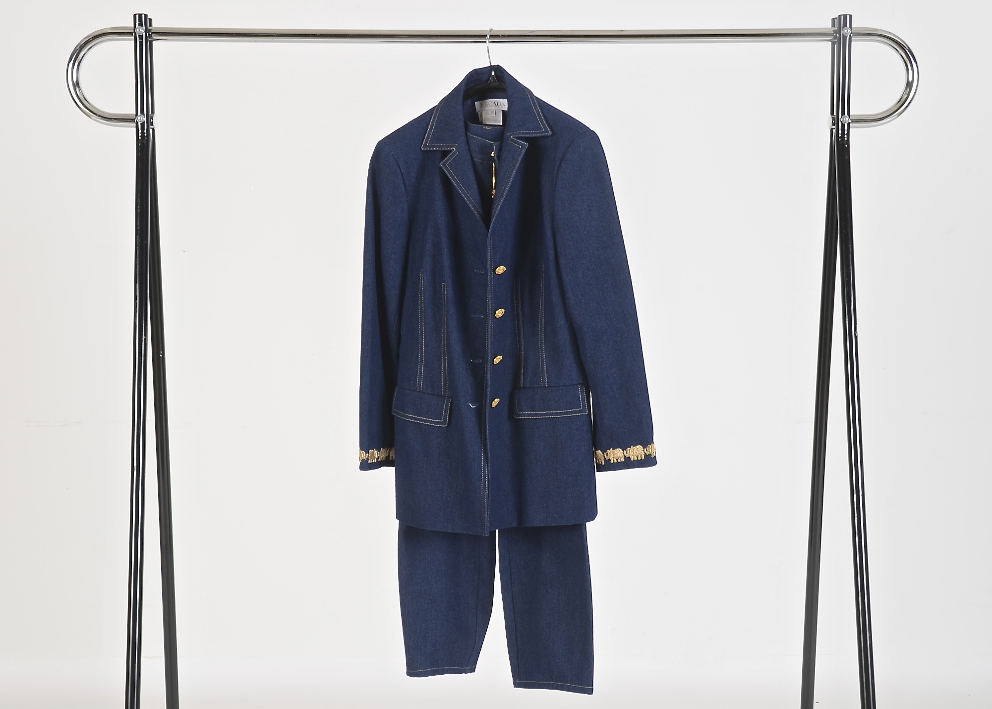 Escada Suit in Denim Blue with Metallic Embroidered Elephants