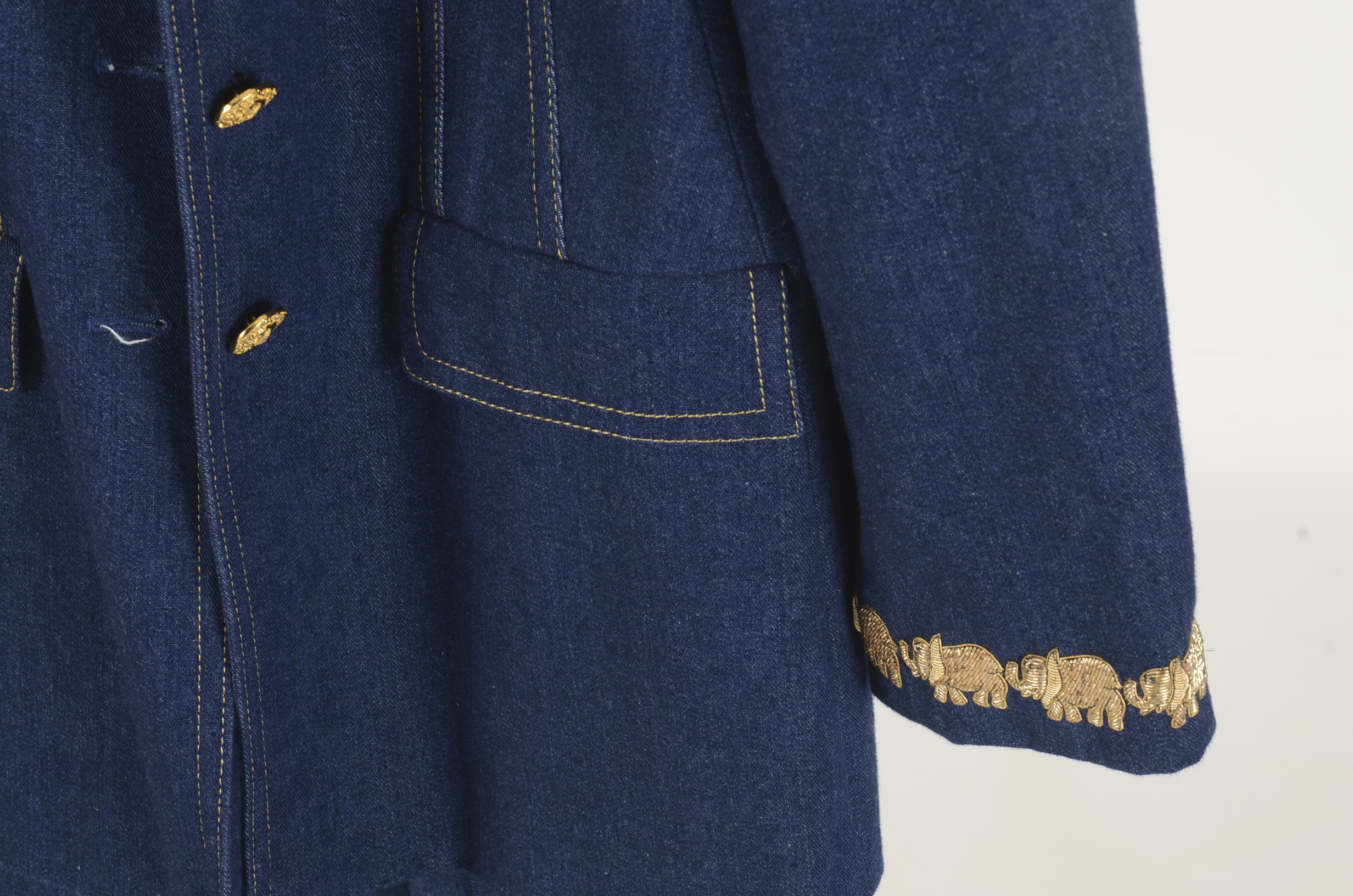 Escada Suit in Denim Blue with Metallic Embroidered Elephants