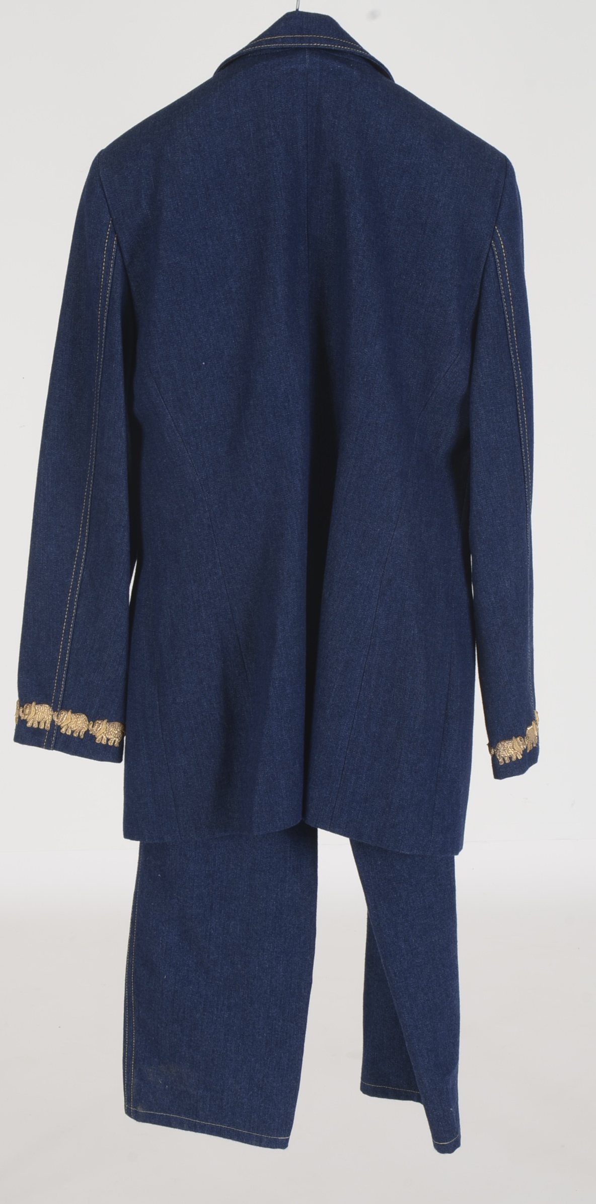 Escada Suit in Denim Blue with Metallic Embroidered Elephants