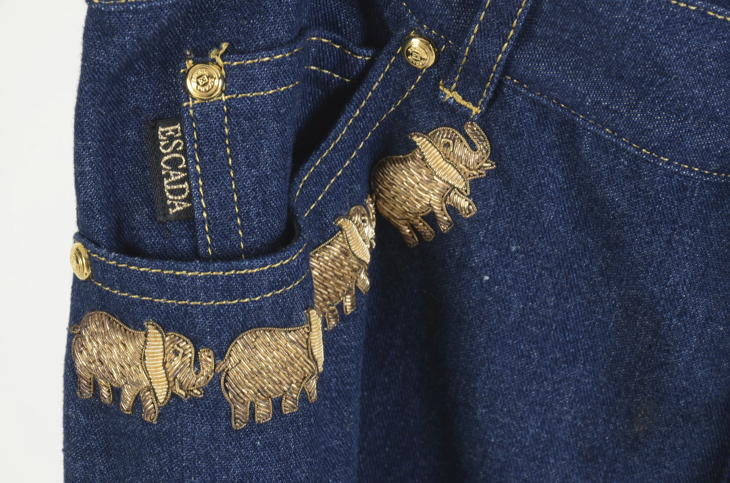 Escada Suit in Denim Blue with Metallic Embroidered Elephants