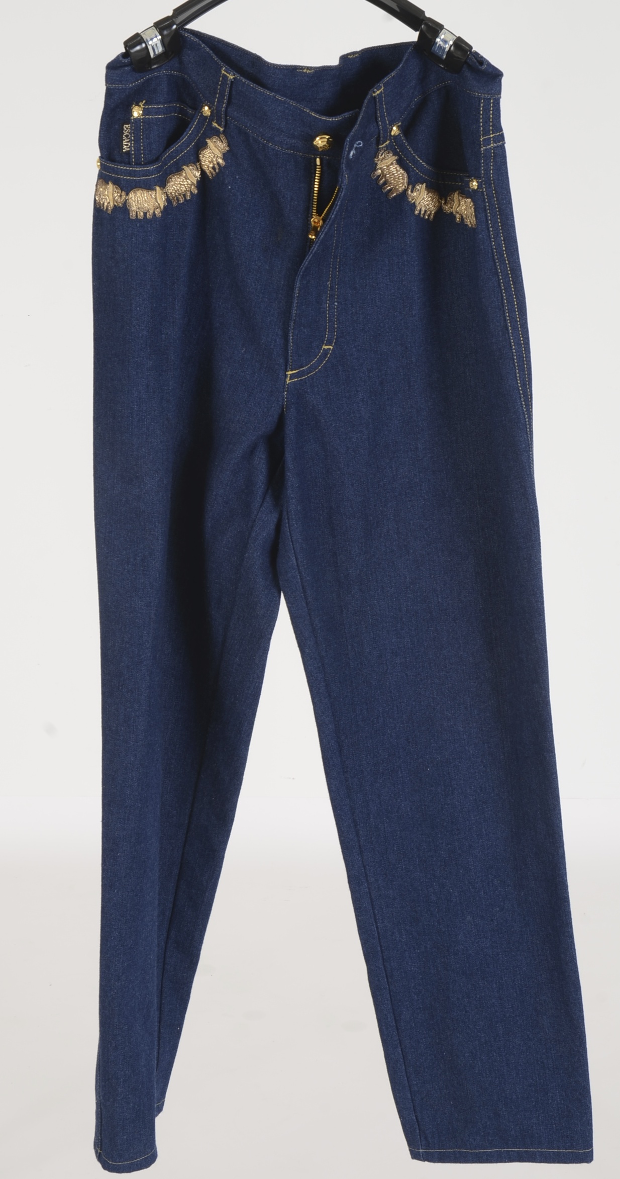 Escada Suit in Denim Blue with Metallic Embroidered Elephants