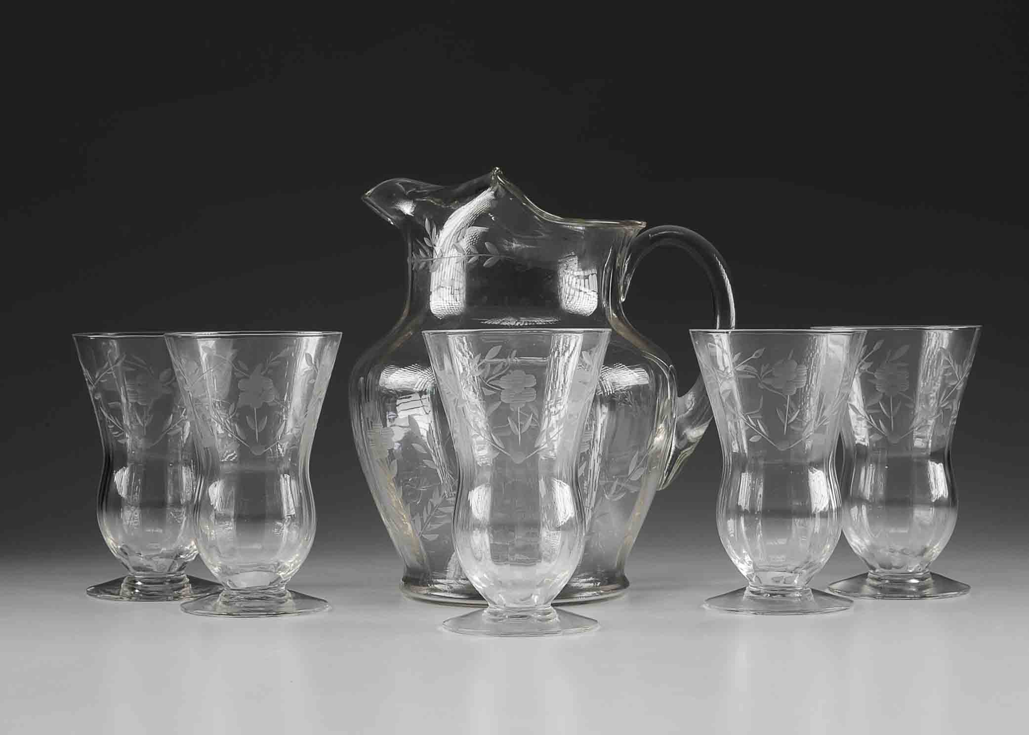 A Vintage Cut Glass Pitcher and Glass Set