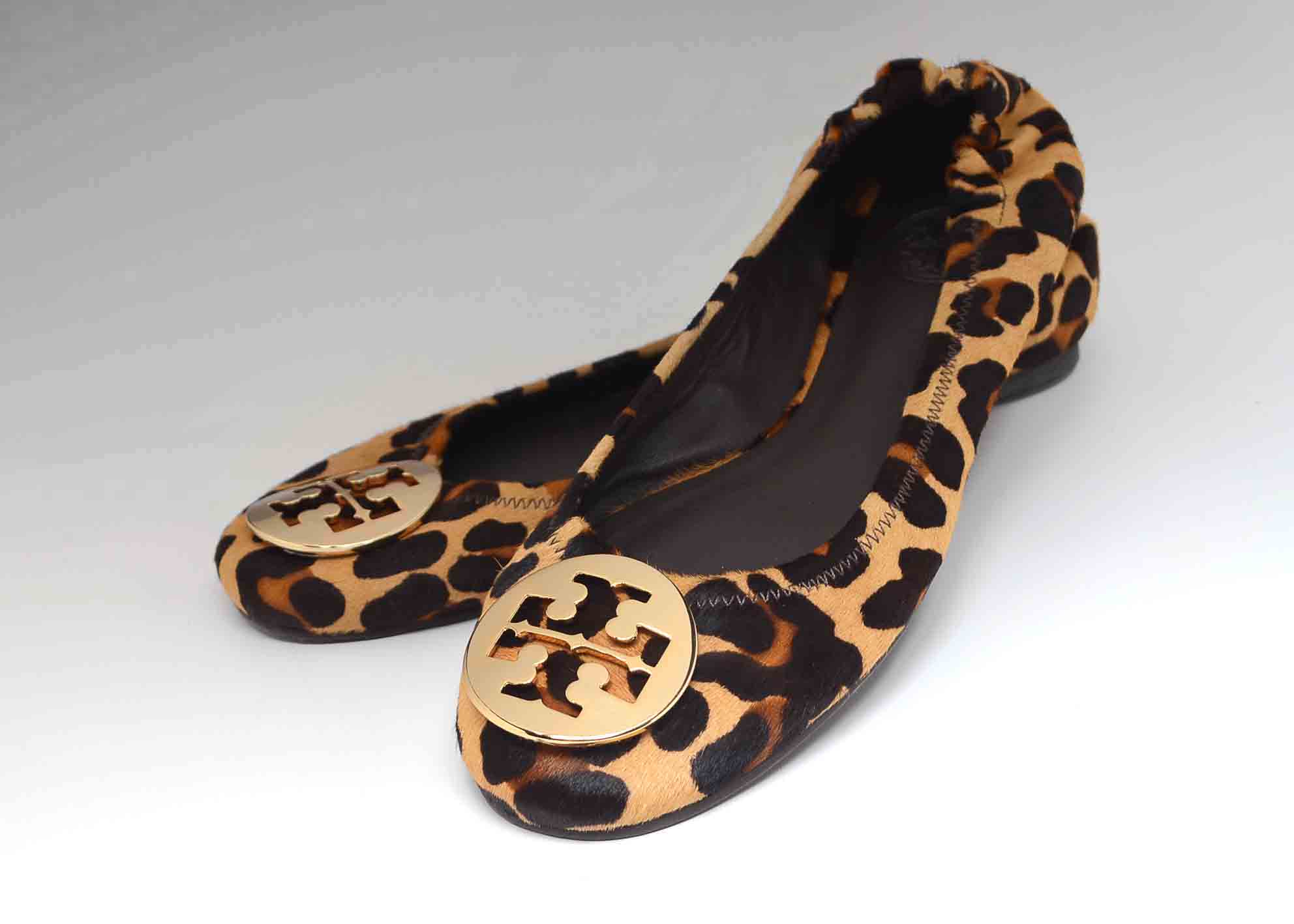 Tory Burch Reva Leather and Faux Leopard Fur Ballerina Flats