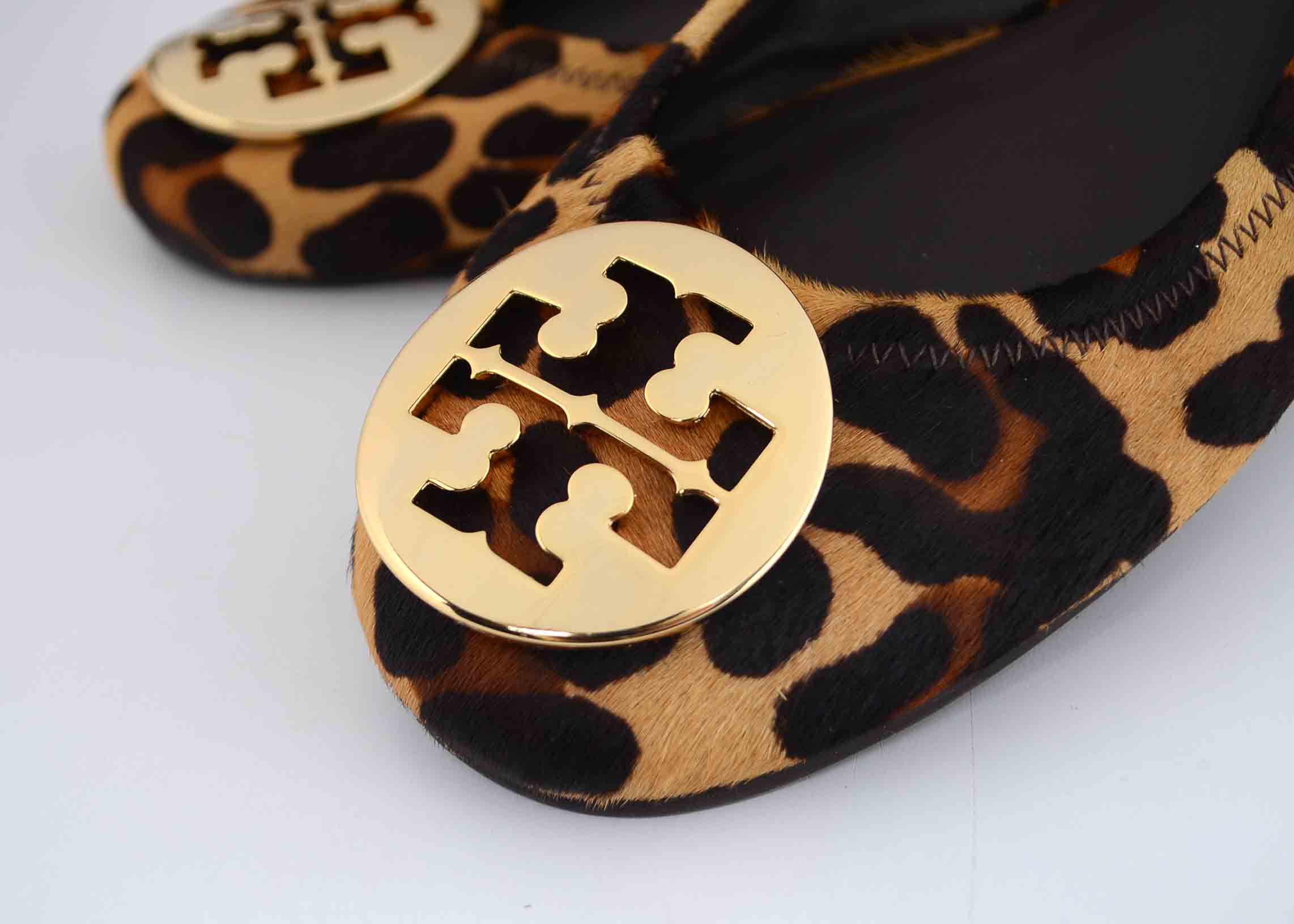 Tory Burch Reva Leather and Faux Leopard Fur Ballerina Flats
