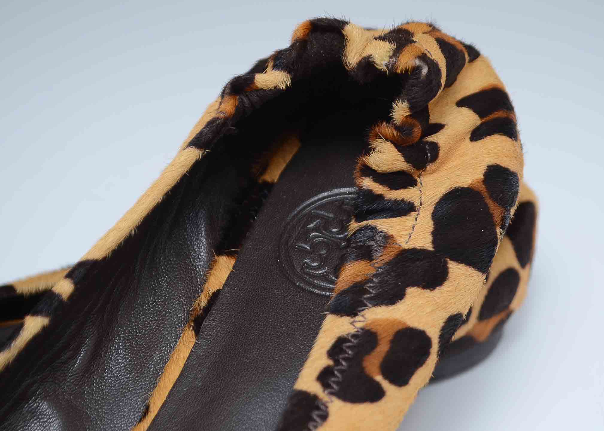 Tory Burch Reva Leather and Faux Leopard Fur Ballerina Flats