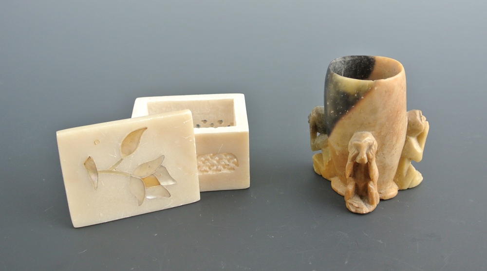 Vintage See No Evil Soap Stone Toothpick Holder and Box