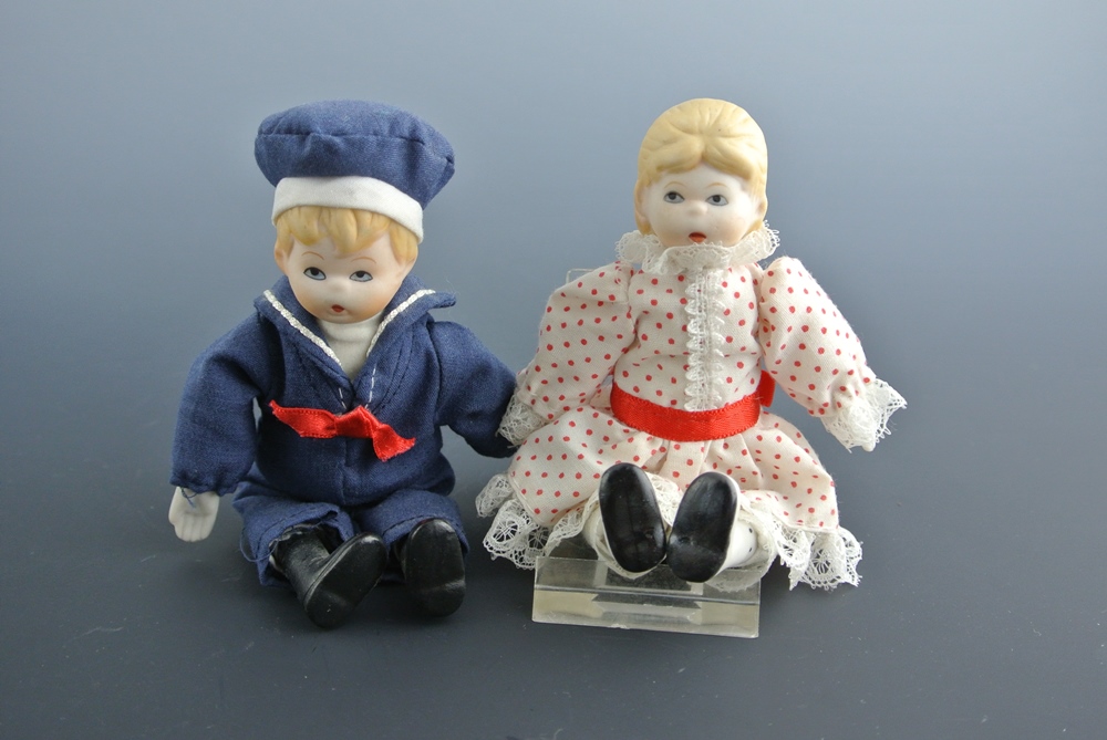 Antique Porcelain Head Small Doll & Two Modern Children