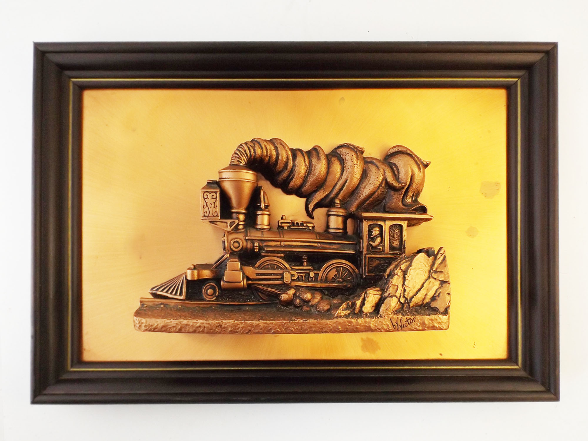 Signed and Framed Copper Tone Train Sculpture