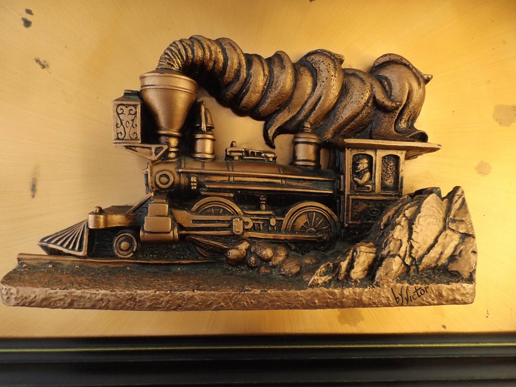 Signed and Framed Copper Tone Train Sculpture