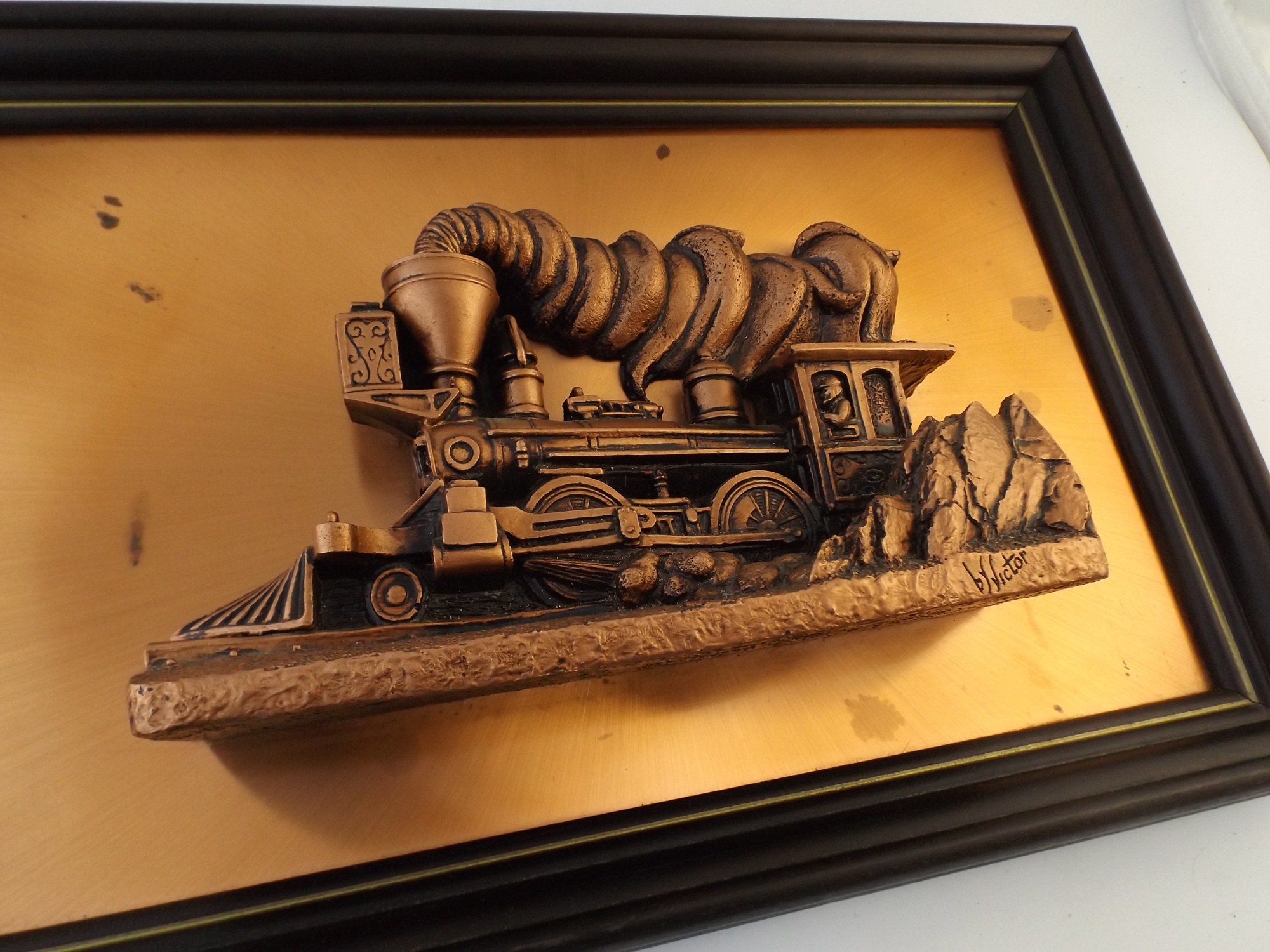 Signed and Framed Copper Tone Train Sculpture