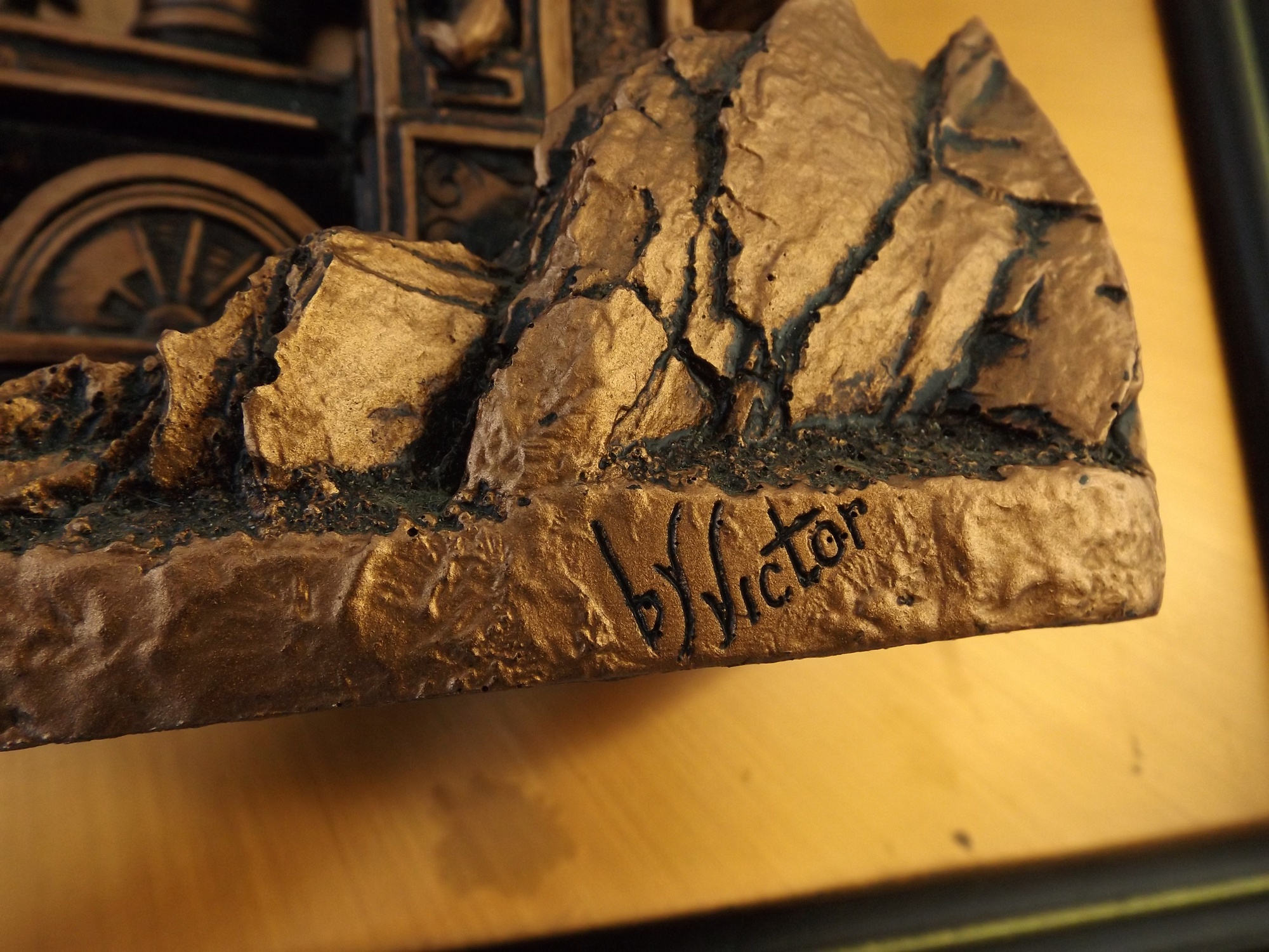 Signed and Framed Copper Tone Train Sculpture